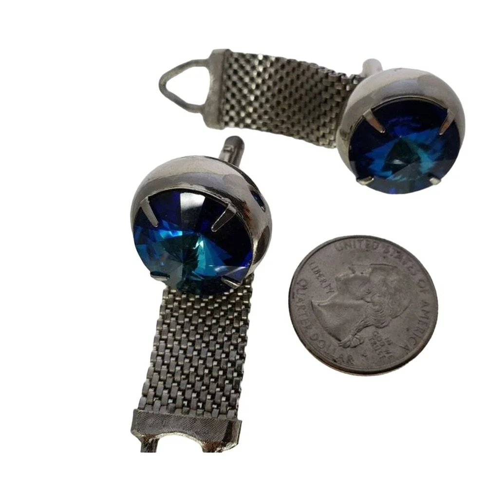 Blue Rivoli Crystal Cufflinks Silver Tone Mesh Wrap Around Suit Accessory Retro